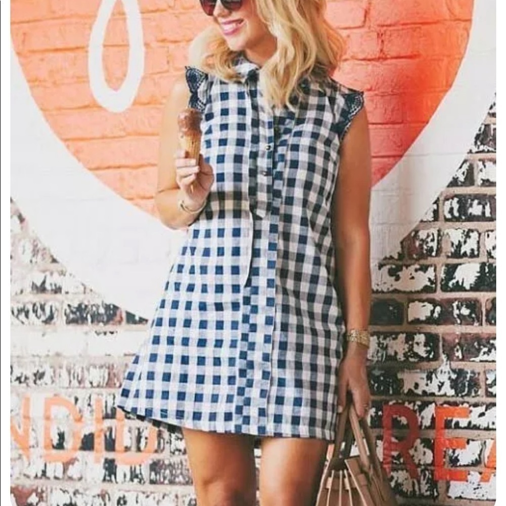 Dear Creatures Anthropologie Gingham Button Front Ruffled Eyelet Mini Dress XS
